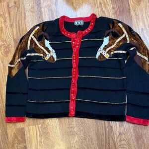 Berek Black and Red Horse Design Cardigan size Large